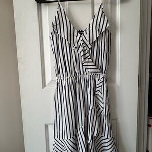 Express White and Navy Striped Wrap Midi Dress